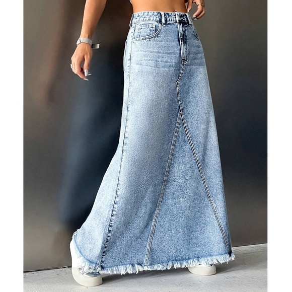 Boho Light Wash Raw hem Jean Denim Pockets Maxi Skirt - Picture 5 of 5